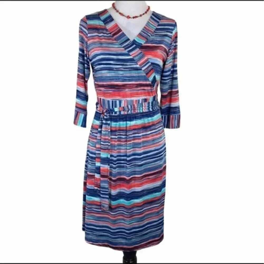 Melissa Masse Faux Wrap Dress Large Blue Red Striped 3/4 Sleeve V-Neck Belted